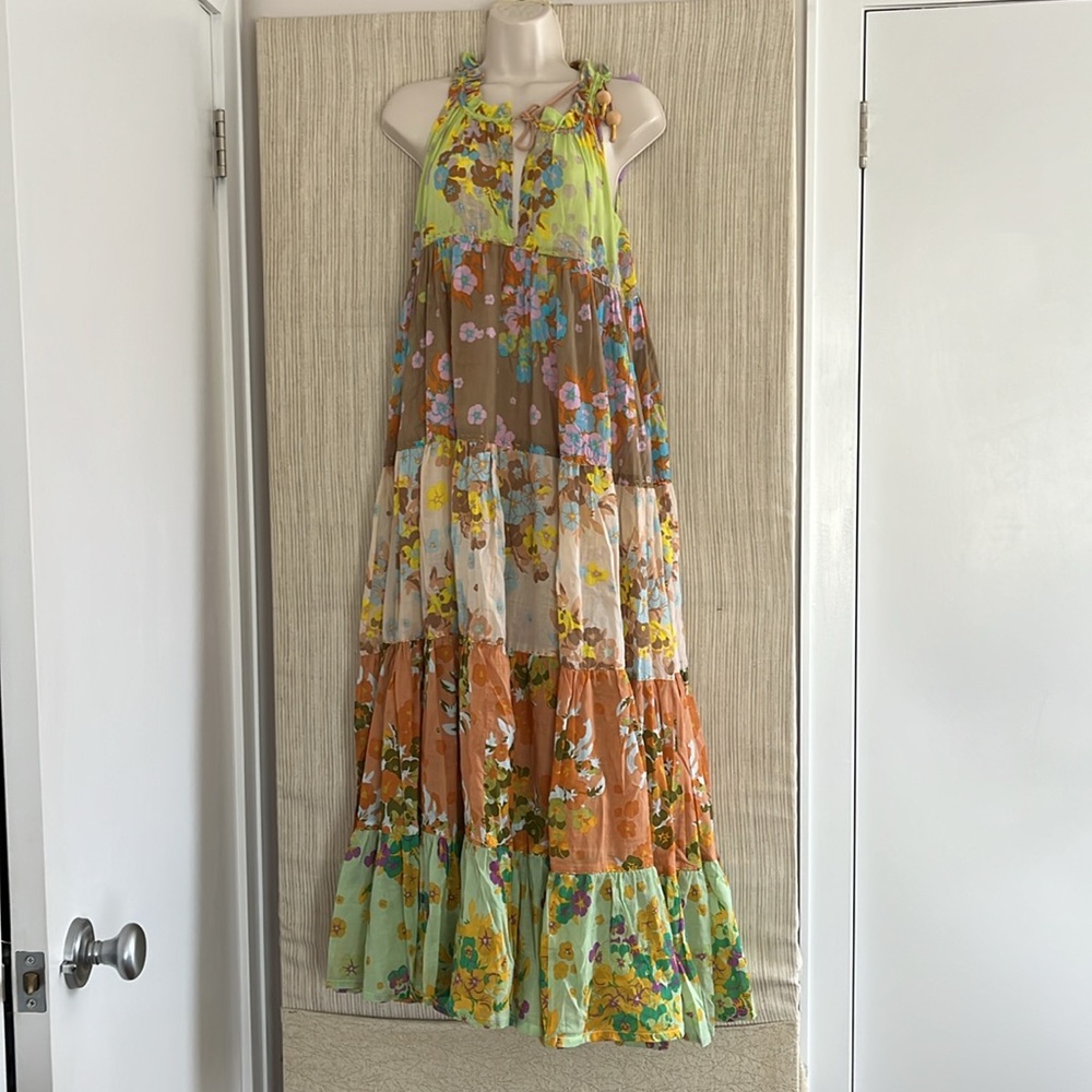 Clic Hand Printed Maxi pistaccio floral Tiered  Sleeveless dress Size:S